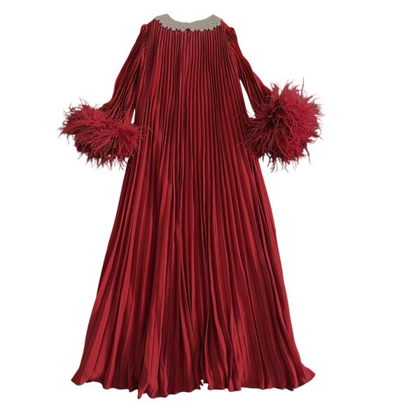 Self Portrait Red Embellished Feather-Trimmed Chiffon Maxi Dress US 8 - Picture 7 of 9